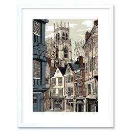 "Artery8 Wall Art Print Shambles Street Cityscape with York Minster Towers Artwork Framed 9X7 Inch in White - Size: W7"" x H9""" - thumbnail 1