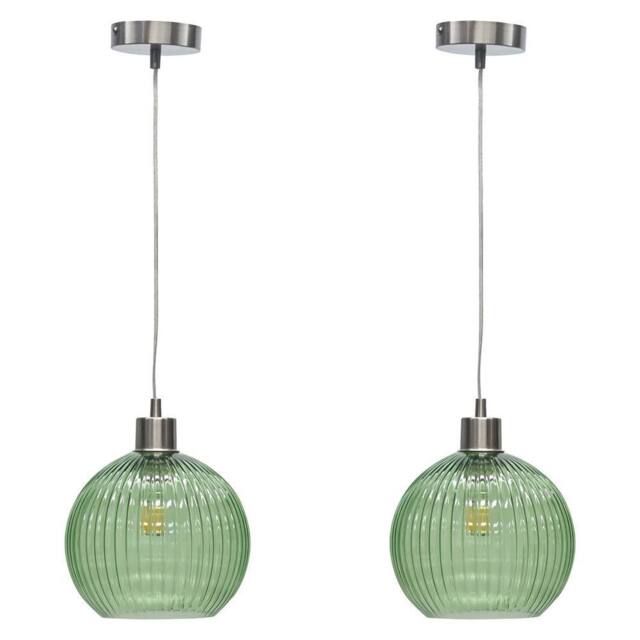 First Choice Lighting Set of 2 Betchley - Green Ribbed Glass Globe with Satin Nickel Pendant - image 1