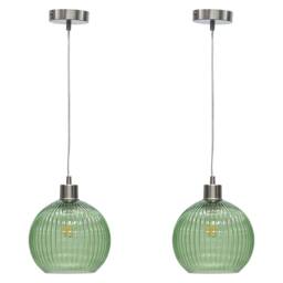 First Choice Lighting Set of 2 Betchley - Green Ribbed Glass Globe with Satin Nickel Pendant