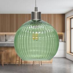 First Choice Lighting Set of 2 Betchley - Green Ribbed Glass Globe with Satin Nickel Pendant - thumbnail 3