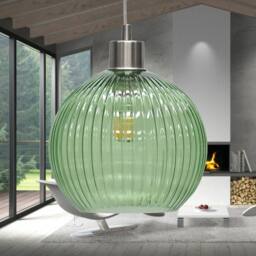 First Choice Lighting Set of 2 Betchley - Green Ribbed Glass Globe with Satin Nickel Pendant - thumbnail 4