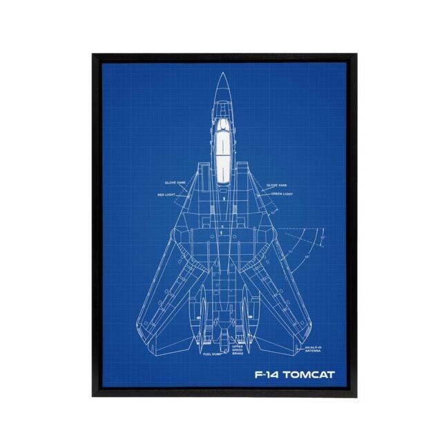 "Artery8 Grumman F 14 Tomcat US Fighter Blueprint Framed Canvas Wall Art Print in Blue - Size: W12"" x H16""" - image 1