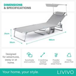 LIVIVO Foldable Reclining Sun Lounger with Adjustable Positions in Grey - thumbnail 6