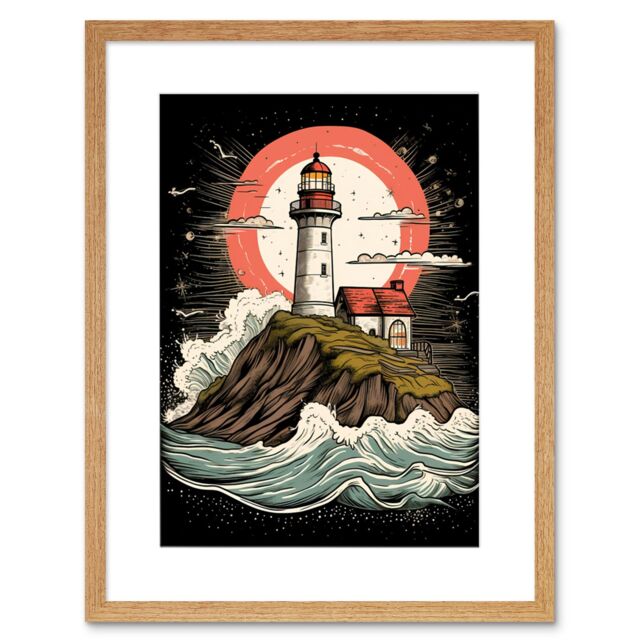 "Artery8 Wall Art Print Lighthouse on a Cliff Crushing Waves Below Rockabilly Americana 50s Artwork Framed 9X7 Inch in Beige - Size: W7"" x H9""" - image 1