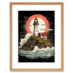 "Artery8 Wall Art Print Lighthouse on a Cliff Crushing Waves Below Rockabilly Americana 50s Artwork Framed 9X7 Inch in Beige - Size: W7"" x H9""" - thumbnail 1