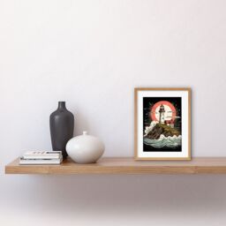 "Artery8 Wall Art Print Lighthouse on a Cliff Crushing Waves Below Rockabilly Americana 50s Artwork Framed 9X7 Inch in Beige - Size: W7"" x H9""" - thumbnail 2
