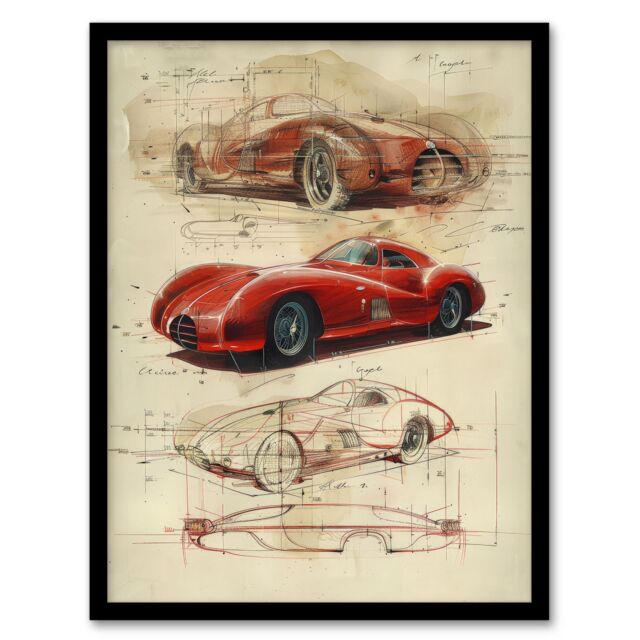 Artery8 Wall Art Print Red Sports Car Design Sketch Drawing Art Framed Poster in Black - Size: A4 - image 1