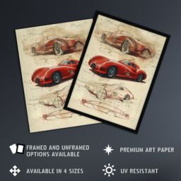 Artery8 Wall Art Print Red Sports Car Design Sketch Drawing Art Framed Poster in Black - Size: A4 - thumbnail 2