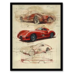 Artery8 Wall Art Print Red Sports Car Design Sketch Drawing Art Framed Poster in Black - Size: A4 - thumbnail 1