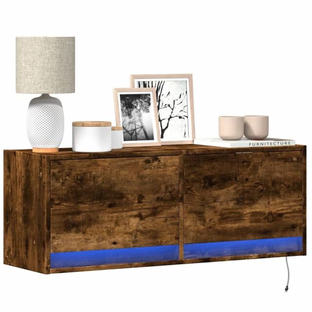 Berkfield Home TV Wall Cabinet with LED Lights Smoked Oak 100x31x35 cm in Brown - Size: 100 x 31 x 35 cm - image 1
