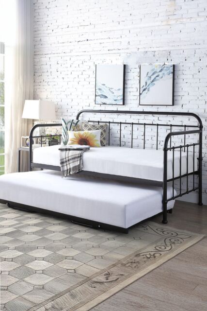 SlumberWorx Ickleford Industrial Living Room Bedroom Metal Day Bed Frame w Trundle in Black - Size: Single - image 1