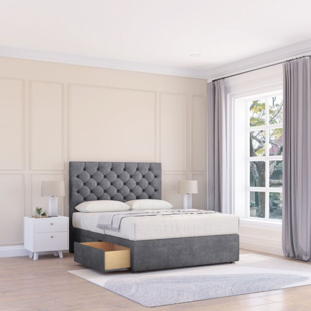 "Sloomy Mayfair Divan Bed Base 4 Drawers & 54"" Floor Standing Headboard in Dark Grey - Size: Super King" - image 1