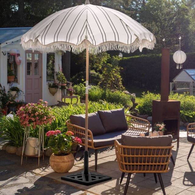 Wyld and Coco Garden Parasol 150 cm White Black Stripe Beech Wood Pole Tilt UV - image 1