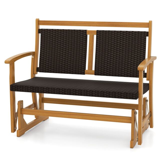 Gymax Outdoor Glider Bench Acacia Wood Porch Glider With Rattan Backrest in Brown - image 1