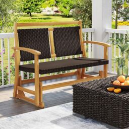 Gymax Outdoor Glider Bench Acacia Wood Porch Glider With Rattan Backrest in Brown - thumbnail 3