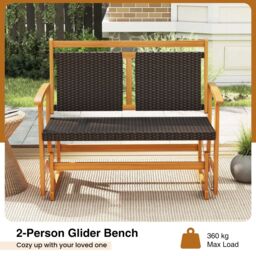 Gymax Outdoor Glider Bench Acacia Wood Porch Glider With Rattan Backrest in Brown - thumbnail 9