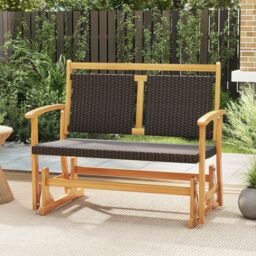 Gymax Outdoor Glider Bench Acacia Wood Porch Glider With Rattan Backrest in Brown - thumbnail 4