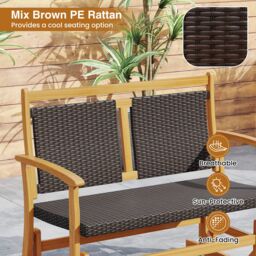 Gymax Outdoor Glider Bench Acacia Wood Porch Glider With Rattan Backrest in Brown - thumbnail 7