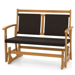 Gymax Outdoor Glider Bench Acacia Wood Porch Glider With Rattan Backrest in Brown - thumbnail 1