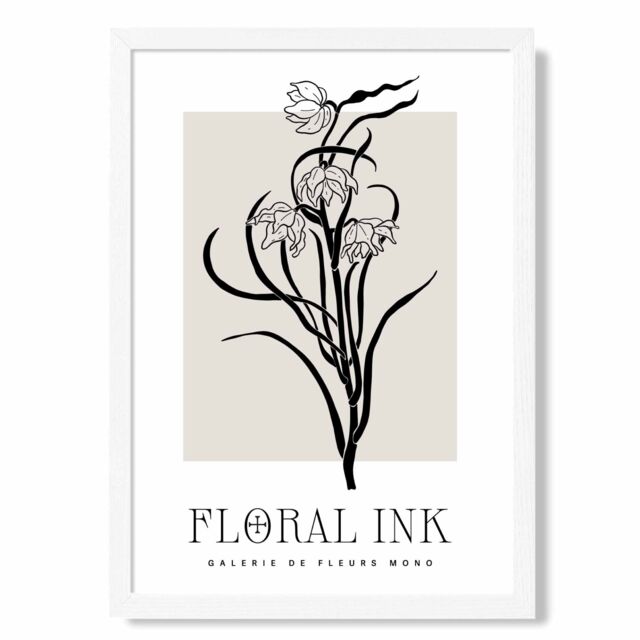 ARTZE Black & Beige Daffodils Floral Ink Sketch Framed Print SIZE: A4 with White Frame - image 1
