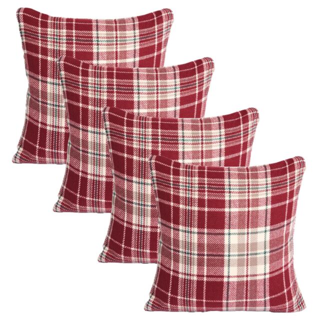 "OHS Woven Check Cushion Covers Tartan Pack of 4 Case Pad Set 18"" x 18"" Home in Red - Size: 45 cm x 45 cm" - image 1