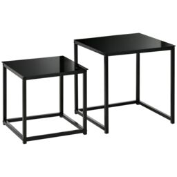 HOMCOM Nest of 2 Side Tables Set of Bedside Tables with Tempered Glass in Black - thumbnail 2