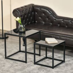 HOMCOM Nest of 2 Side Tables Set of Bedside Tables with Tempered Glass in Black - thumbnail 4