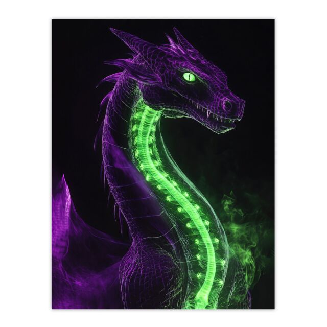 "Artery8 Fantasy Dragon Neon Purple Green Xray Effect Wall Art Print - Size: W24"" x H32""" - image 1