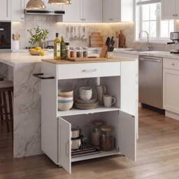 VOGREX Mobile Kitchen Cart with 2-Door Cabinet & Towel Rack in White - thumbnail 3