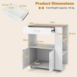 VOGREX Mobile Kitchen Cart with 2-Door Cabinet & Towel Rack in White - thumbnail 2