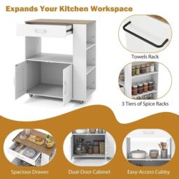 VOGREX Mobile Kitchen Cart with 2-Door Cabinet & Towel Rack in White - thumbnail 4