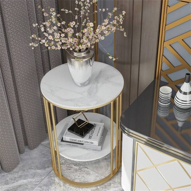 VOGREX Round Marble Coffee Table Gold Side End Table High Low Tier Shelf - image 1