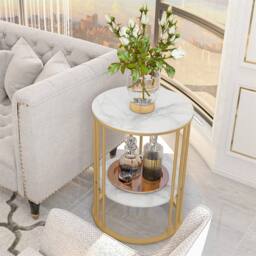 VOGREX Round Marble Coffee Table Gold Side End Table High Low Tier Shelf - thumbnail 4