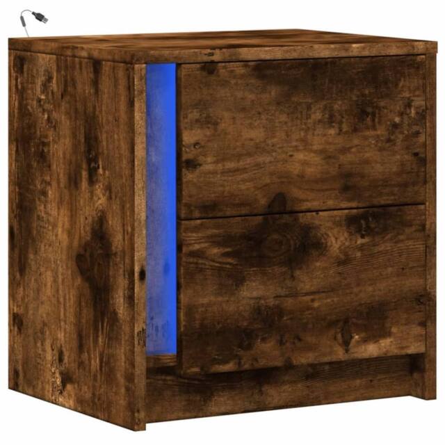 Berkfield Home Stylish Bedside Cabinet with LED Lights Smoked Oak Engineered Wood in Brown - image 1