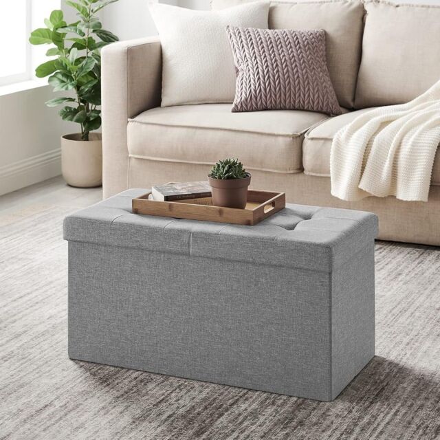 SONGMICS Medium Foldable Storage Bench Ottoman Flipping Lid Heavy Duty in Light Grey - image 1
