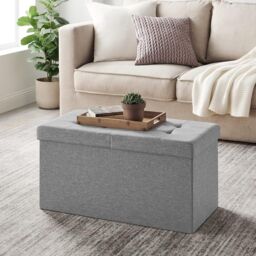 SONGMICS Medium Foldable Storage Bench Ottoman Flipping Lid Heavy Duty in Light Grey - thumbnail 1