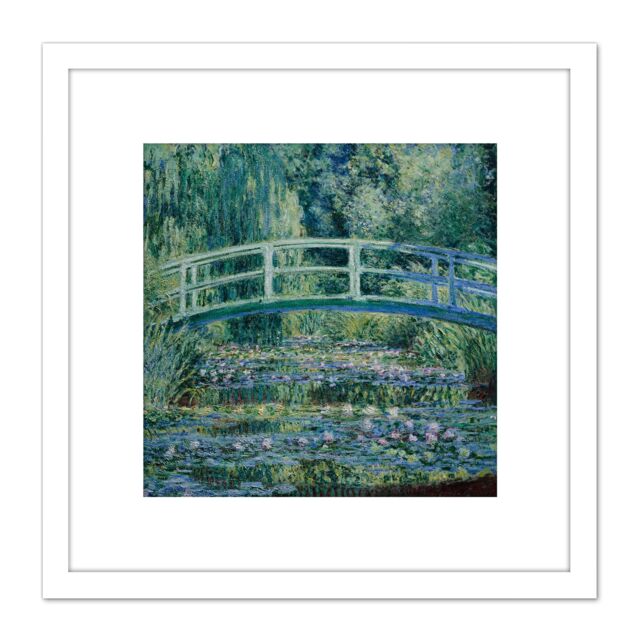 Artery8 Monet Water Lilies Japan Bridge Painting 8X8 Inch Square Wooden Framed Wall Art Print Picture with Mount in White - image 1