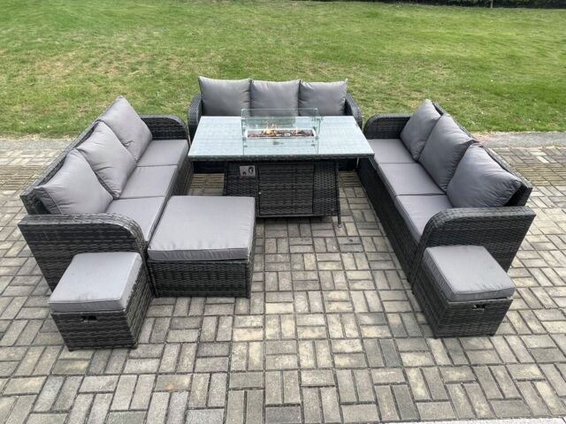 Fimous Outdoor Rattan Furniture Garden Dining Set Gas Fire Pit Table With Lounge Sofa 3 Footstool in Dark Grey - image 1