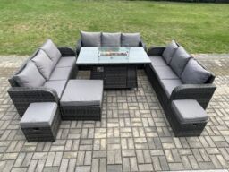 Fimous Outdoor Rattan Furniture Garden Dining Set Gas Fire Pit Table With Lounge Sofa 3 Footstool in Dark Grey - thumbnail 1