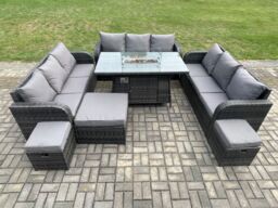 Fimous Outdoor Rattan Furniture Garden Dining Set Gas Fire Pit Table With Lounge Sofa 3 Footstool in Dark Grey - thumbnail 3