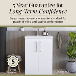 Balterley Modern Bathroom 2 Soft-Close Door Floor Standing Vanity Unit with Mid-Edge Basin, Gloss White, 600 mm in White - thumbnail 6