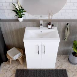 Balterley Modern Bathroom 2 Soft-Close Door Floor Standing Vanity Unit with Mid-Edge Basin, Gloss White, 600 mm in White - thumbnail 3
