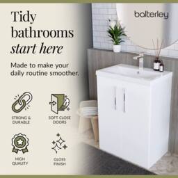 Balterley Modern Bathroom 2 Soft-Close Door Floor Standing Vanity Unit with Mid-Edge Basin, Gloss White, 600 mm in White - thumbnail 7