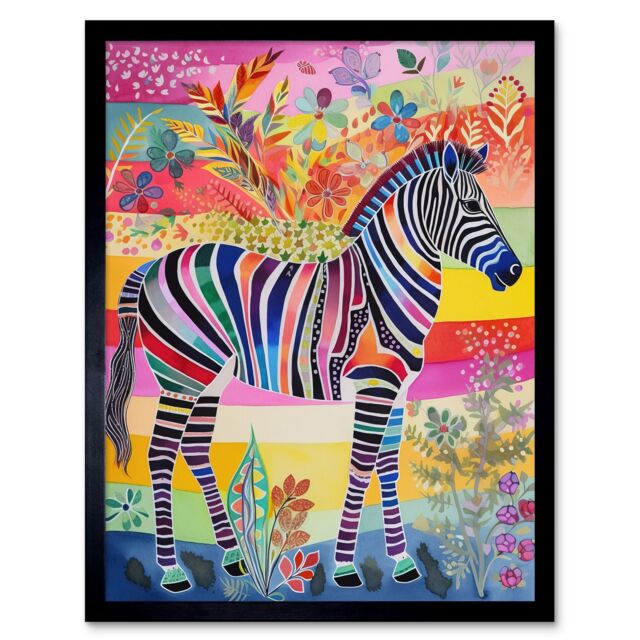 "Artery8 Wall Art Print Zebra Rainbow Floral Abstract Folk Art Framed in Black - Size: W12"" x H16""" - image 1