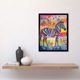 "Artery8 Wall Art Print Zebra Rainbow Floral Abstract Folk Art Framed in Black - Size: W12"" x H16""" - thumbnail 2