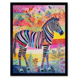 "Artery8 Wall Art Print Zebra Rainbow Floral Abstract Folk Art Framed in Black - Size: W12"" x H16""" - thumbnail 1