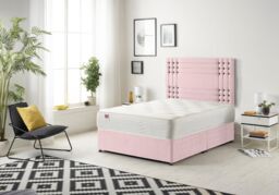Somnior Flexby Plush Fabric Divan Bed with Orthopeadic Sprung Memory Foam Mattress & Headboard in Pink - Size: Small Single - thumbnail 1