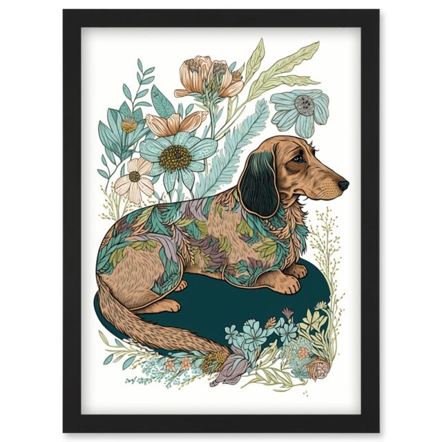 Artery8 Multicoloured Fur Dachshund Dog with Spring Flowers Modern Watercolour Illustration Artwork Framed Wall Art Print A4 in Black - image 1