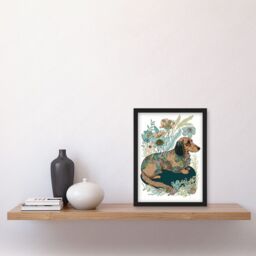 Artery8 Multicoloured Fur Dachshund Dog with Spring Flowers Modern Watercolour Illustration Artwork Framed Wall Art Print A4 in Black - thumbnail 2