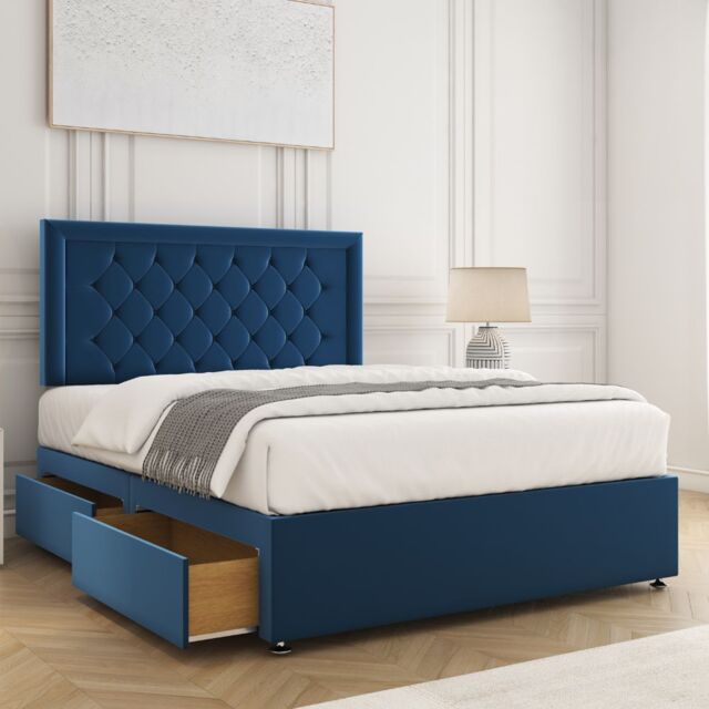 "BSSPOKE Nova Plush Divan Bed Set 24"" Headboard & Mattress & 2 Drawers Footend in Blue - Size: Super King" - image 1
